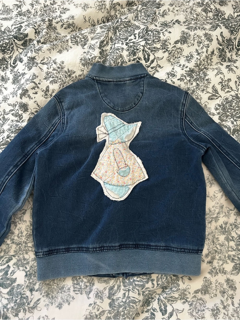 Girls' Navy Denim Jacket with vintage quilt Sunbonnet Sue appliqué